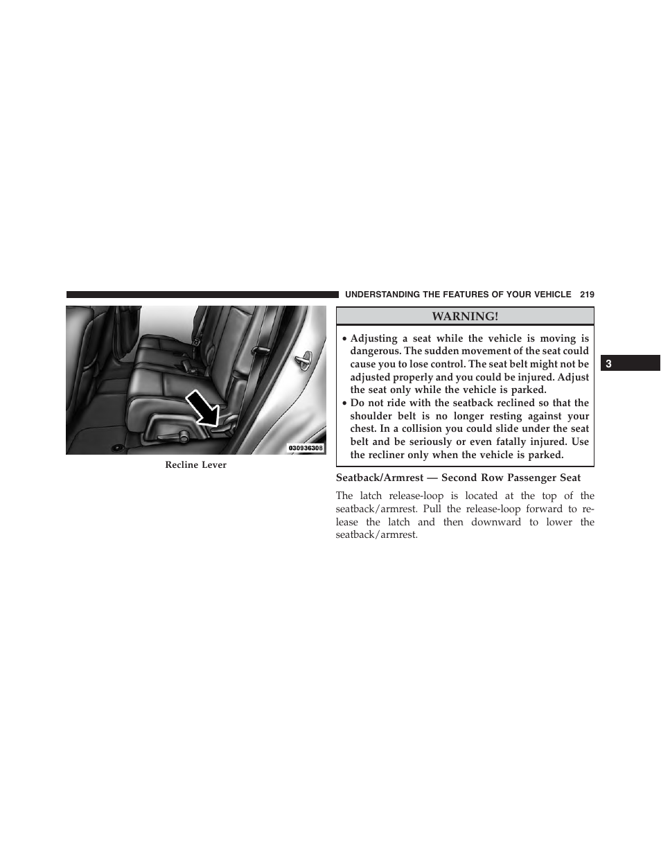 Seatback/armrest — second row passenger seat | Dodge 2015 Journey - Owner Manual User Manual | Page 221 / 657