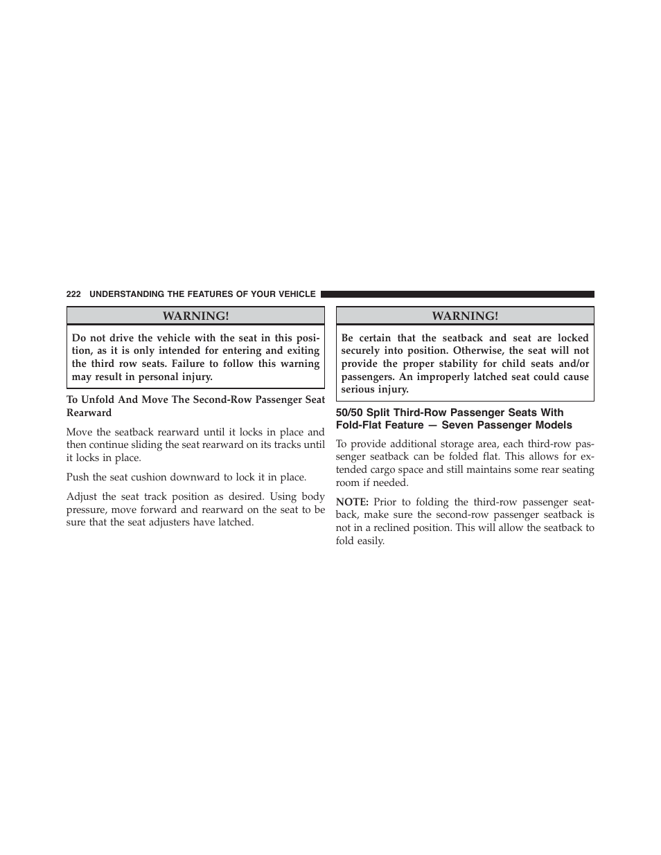 50/50 split third-row passenger seats with, Fold-flat feature — seven passenger models | Dodge 2015 Journey - Owner Manual User Manual | Page 224 / 657