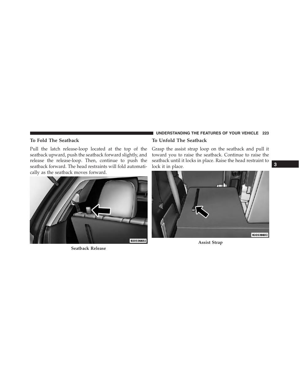 To fold the seatback, To unfold the seatback | Dodge 2015 Journey - Owner Manual User Manual | Page 225 / 657