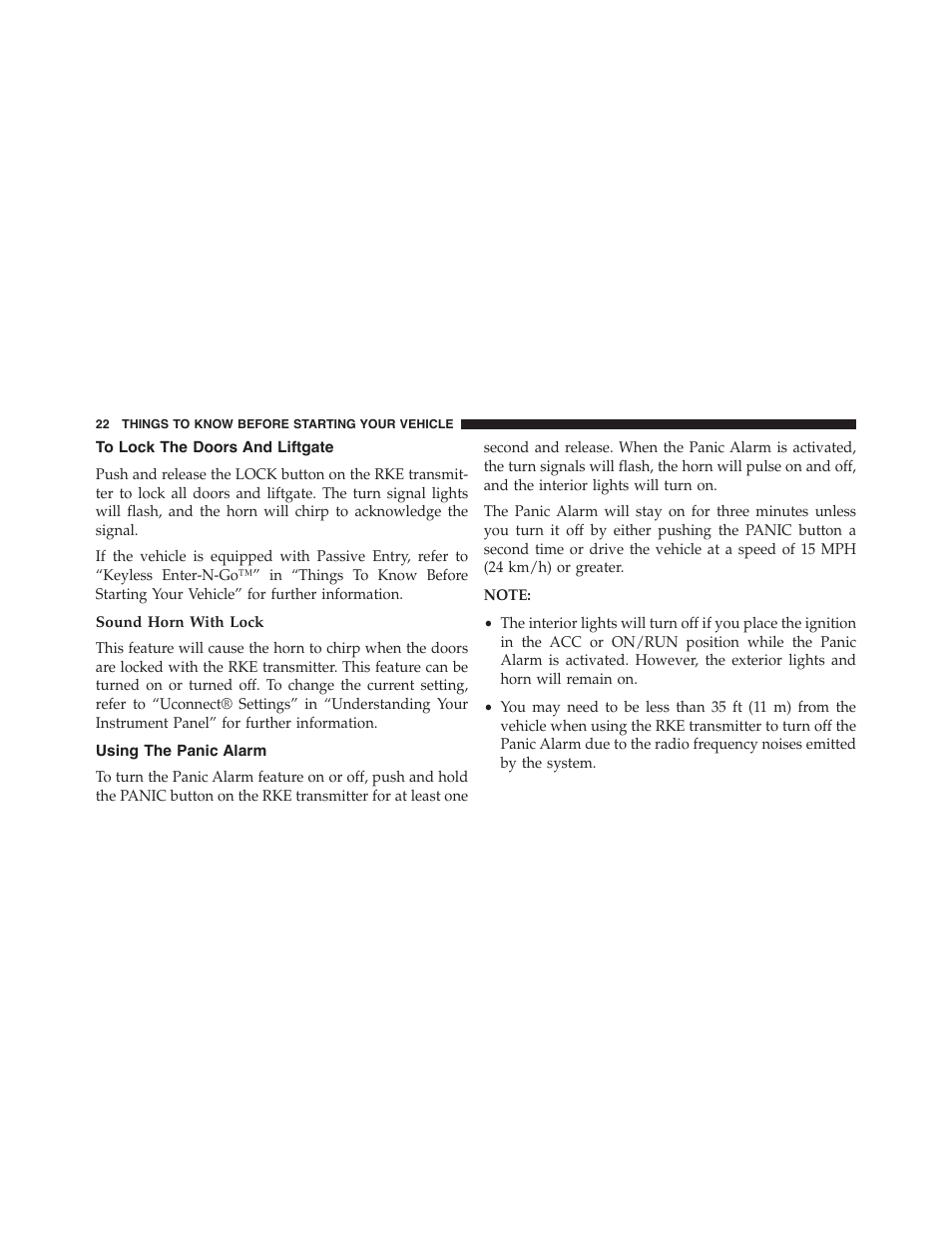 To lock the doors and liftgate, Sound horn with lock, Using the panic alarm | Dodge 2015 Journey - Owner Manual User Manual | Page 24 / 657