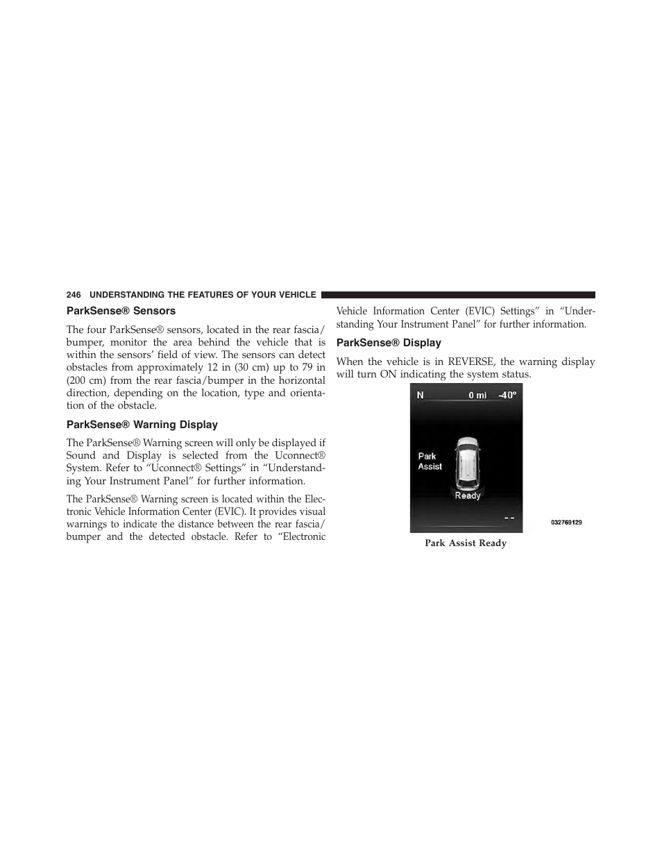 Parksense® sensors, Parksense® warning display, Parksense® display | Dodge 2015 Journey - Owner Manual User Manual | Page 248 / 657