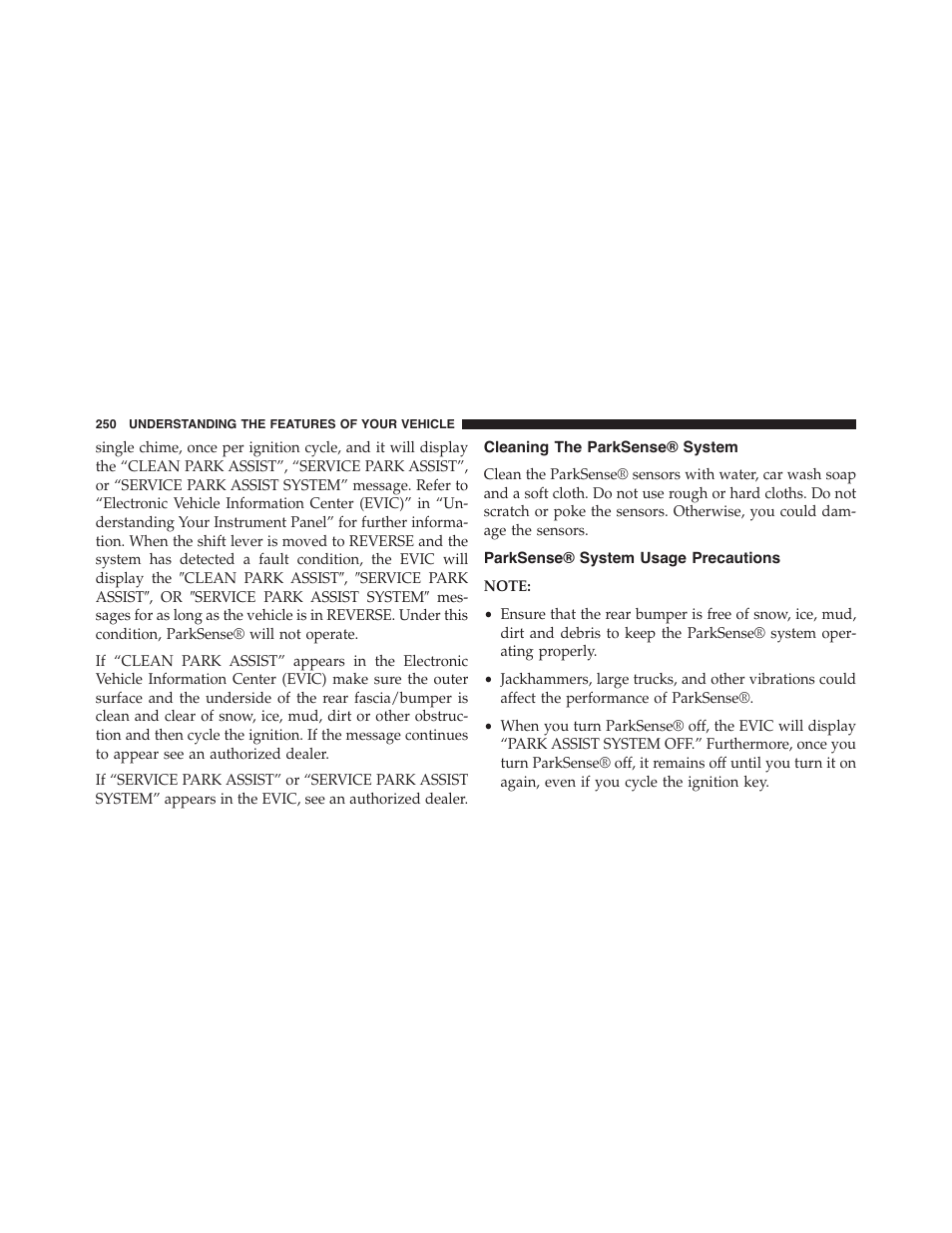 Cleaning the parksense® system, Parksense® system usage precautions | Dodge 2015 Journey - Owner Manual User Manual | Page 252 / 657