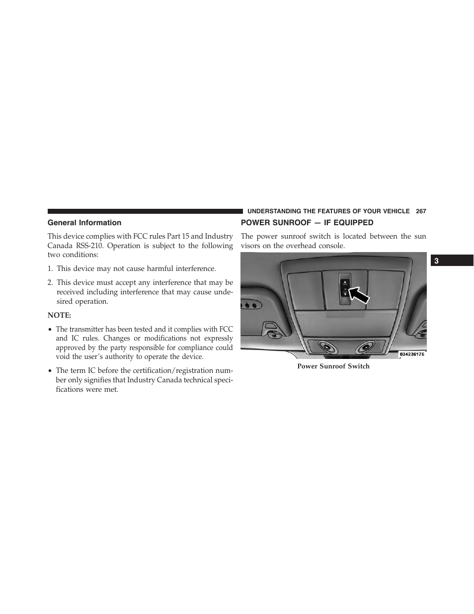 General information, Power sunroof — if equipped | Dodge 2015 Journey - Owner Manual User Manual | Page 269 / 657