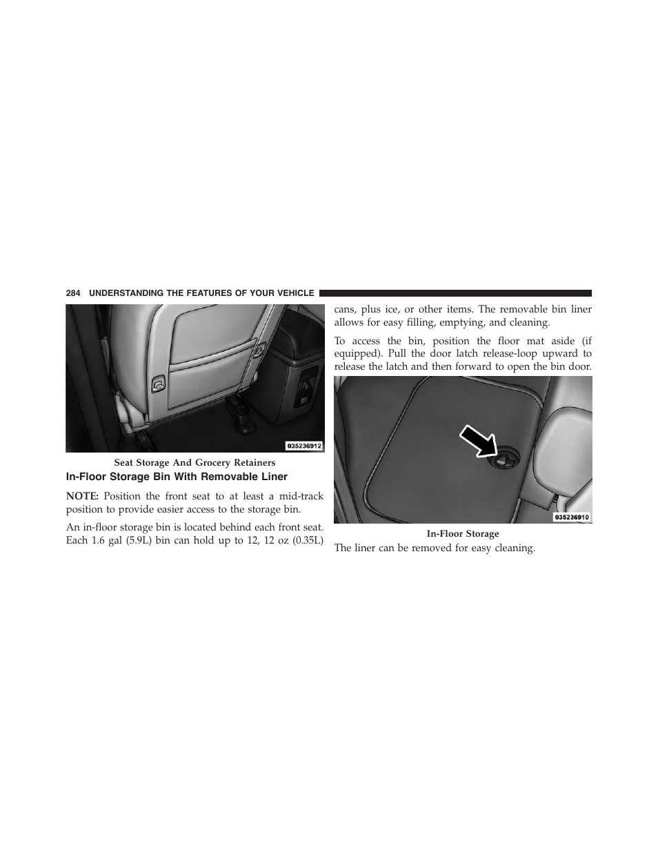 In-floor storage bin with removable liner | Dodge 2015 Journey - Owner Manual User Manual | Page 286 / 657
