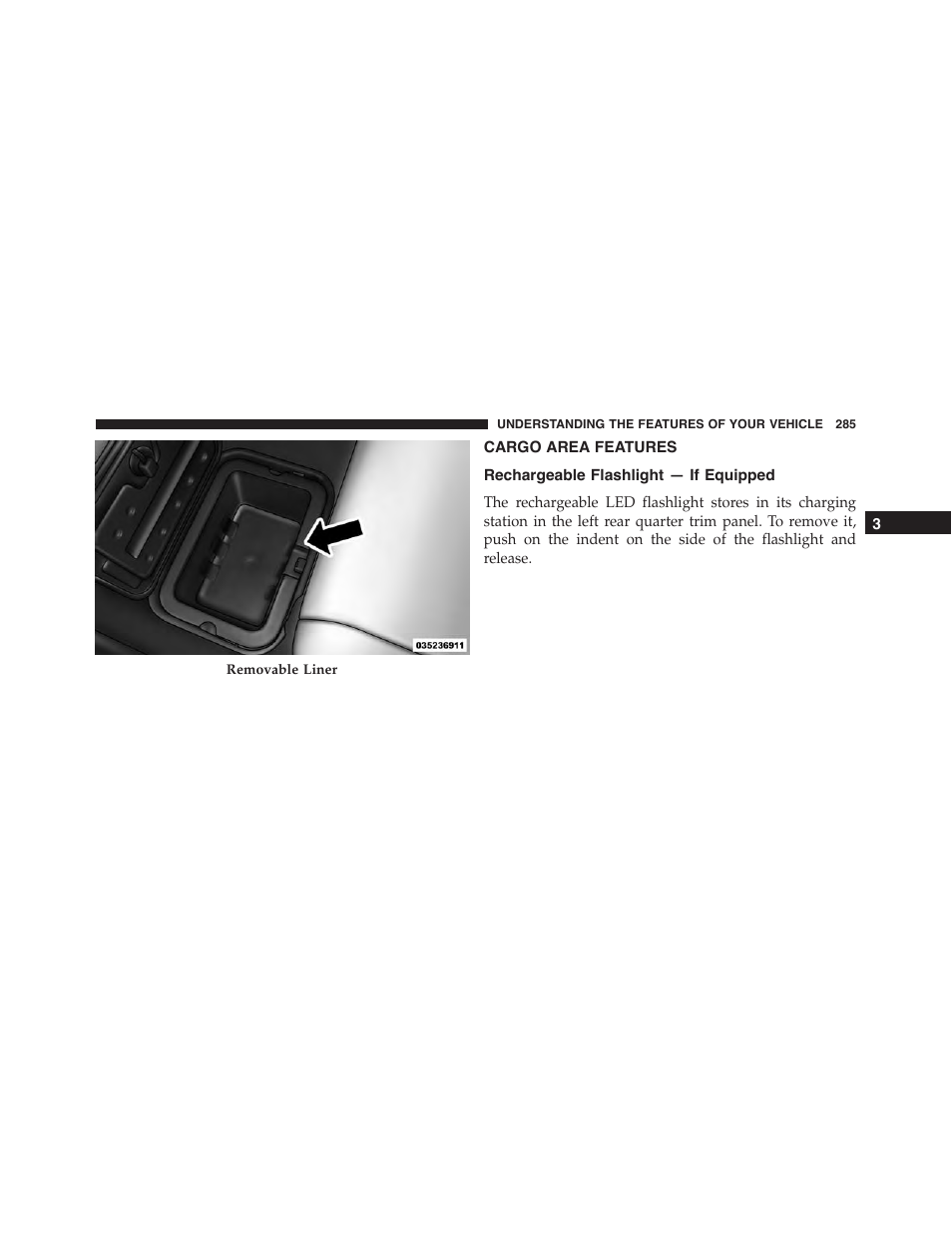 Cargo area features, Rechargeable flashlight — if equipped | Dodge 2015 Journey - Owner Manual User Manual | Page 287 / 657