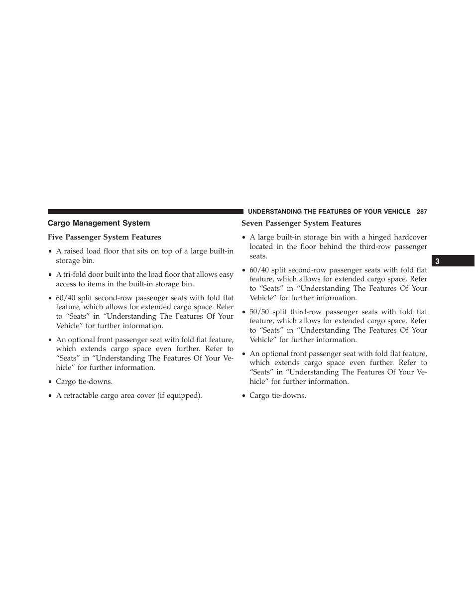 Cargo management system, Five passenger system features, Seven passenger system features | Dodge 2015 Journey - Owner Manual User Manual | Page 289 / 657