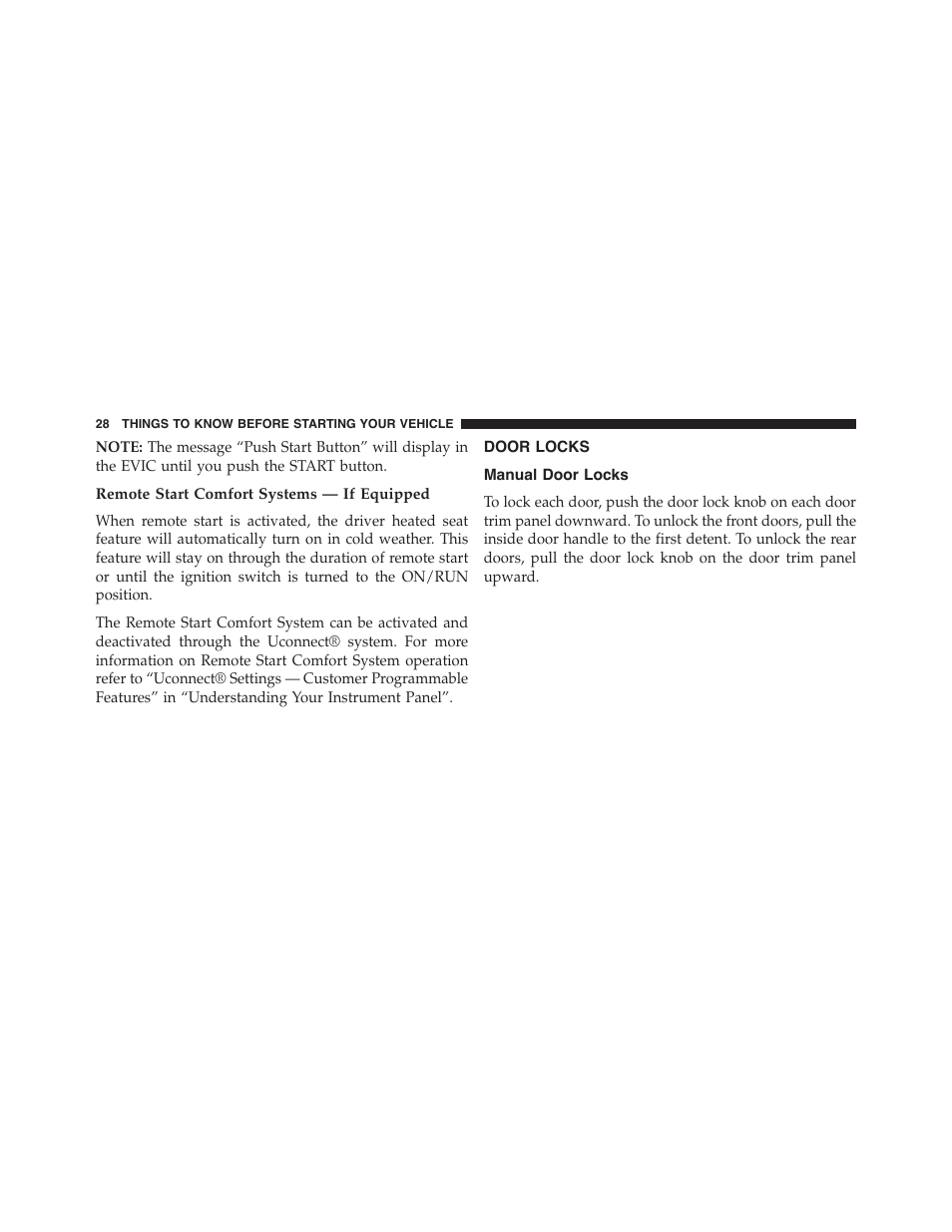 Remote start comfort systems — if equipped, Door locks, Manual door locks | Dodge 2015 Journey - Owner Manual User Manual | Page 30 / 657