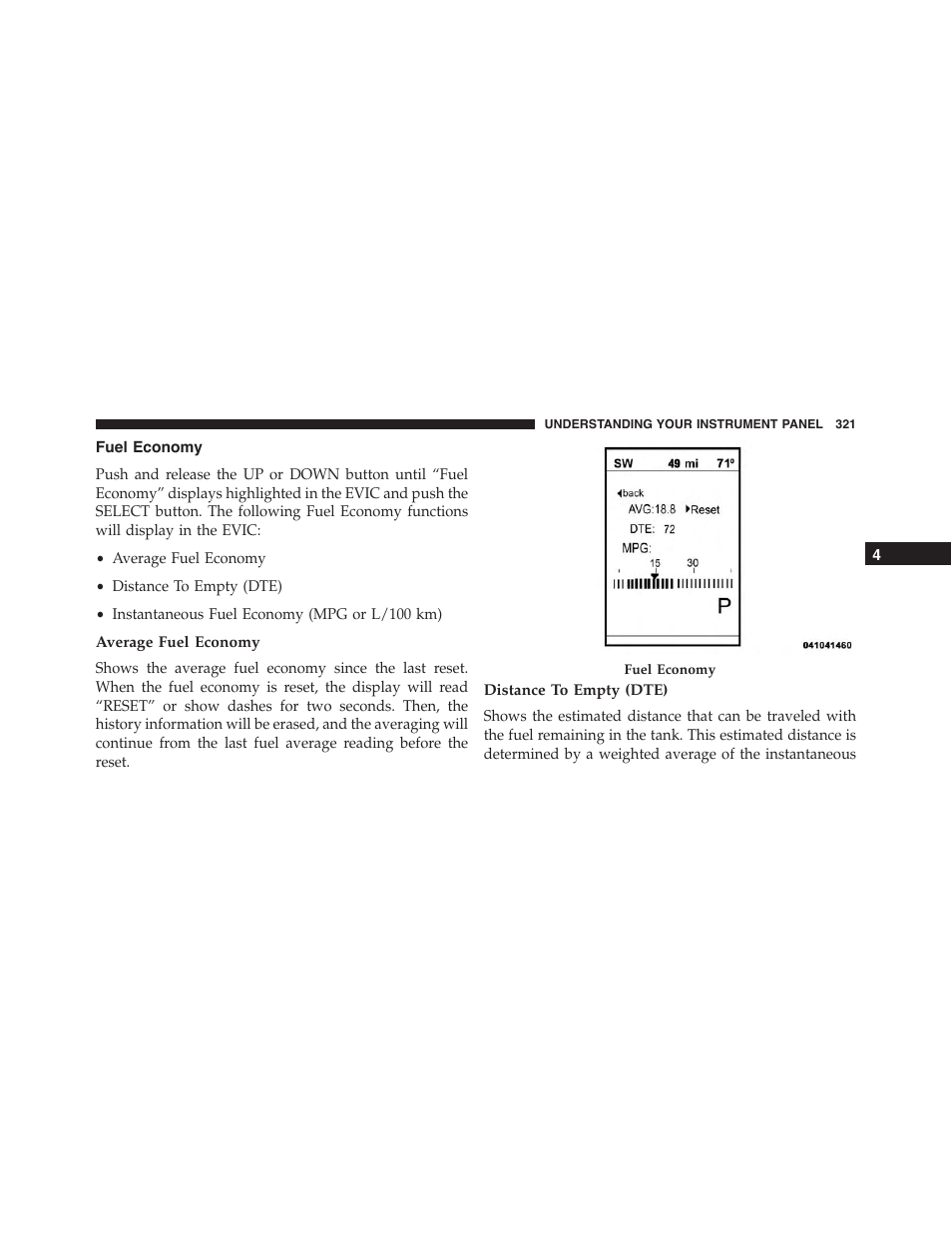 Fuel economy, Average fuel economy, Distance to empty (dte) | Dodge 2015 Journey - Owner Manual User Manual | Page 323 / 657