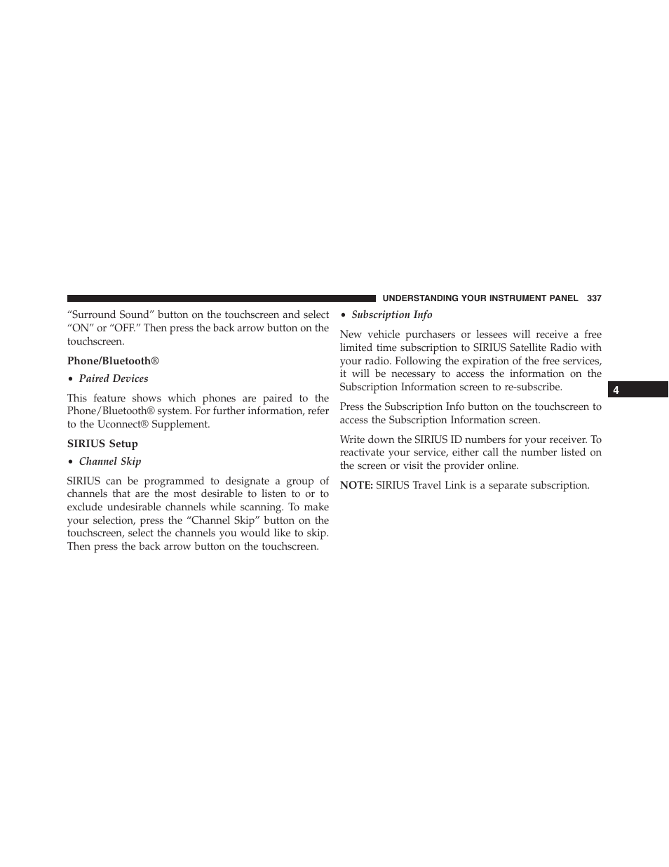 Phone/bluetooth, Sirius setup | Dodge 2015 Journey - Owner Manual User Manual | Page 339 / 657