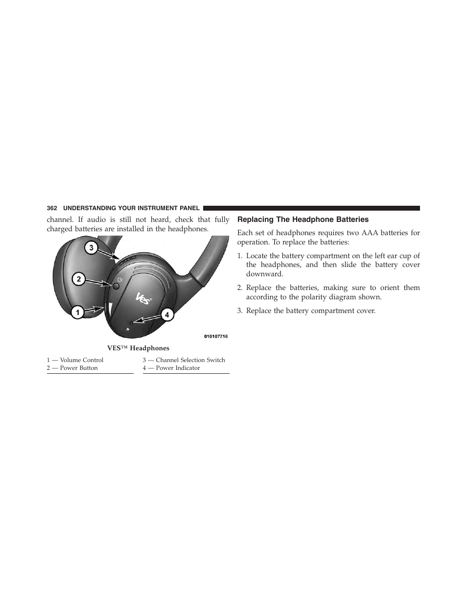 Replacing the headphone batteries | Dodge 2015 Journey - Owner Manual User Manual | Page 364 / 657