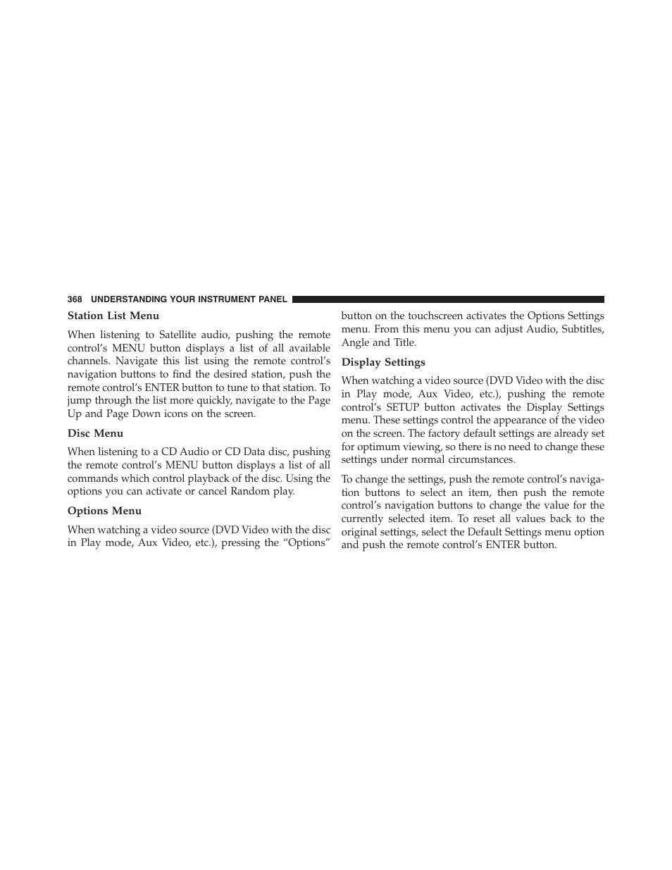Station list menu, Disc menu, Options menu | Display settings | Dodge 2015 Journey - Owner Manual User Manual | Page 370 / 657