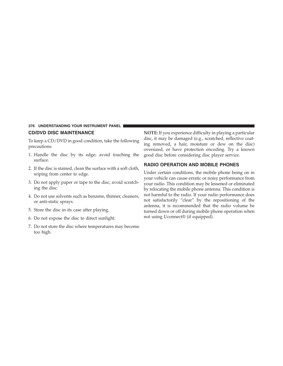 Cd/dvd disc maintenance, Radio operation and mobile phones | Dodge 2015 Journey - Owner Manual User Manual | Page 378 / 657