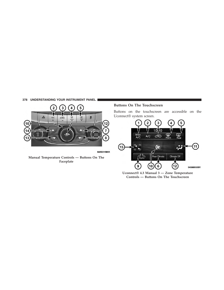 Buttons on the touchscreen | Dodge 2015 Journey - Owner Manual User Manual | Page 380 / 657