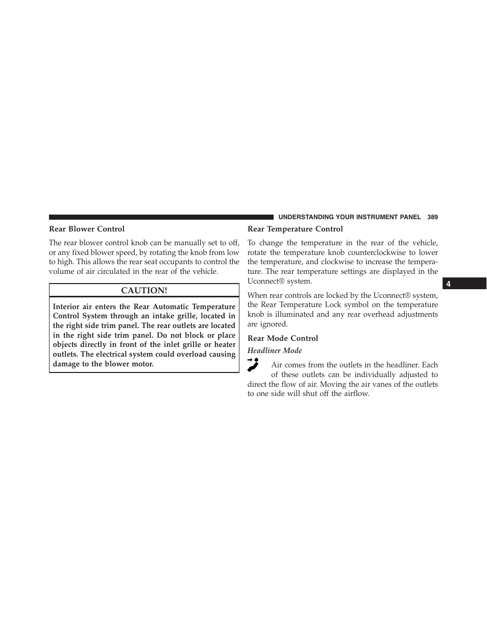 Rear blower control, Rear temperature control, Rear mode control | Dodge 2015 Journey - Owner Manual User Manual | Page 391 / 657