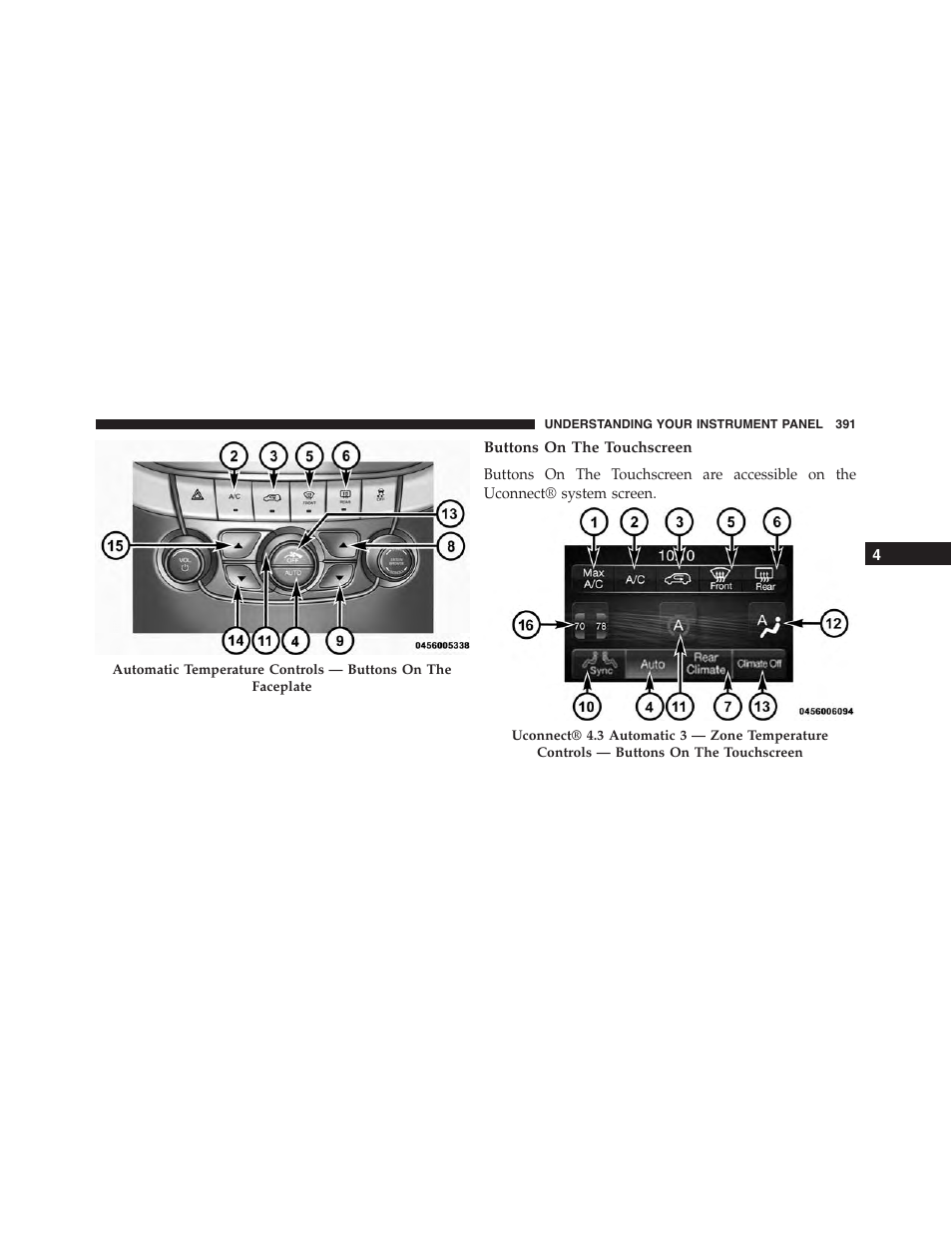 Buttons on the touchscreen | Dodge 2015 Journey - Owner Manual User Manual | Page 393 / 657