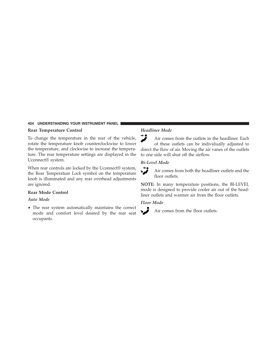 Rear temperature control, Rear mode control | Dodge 2015 Journey - Owner Manual User Manual | Page 406 / 657