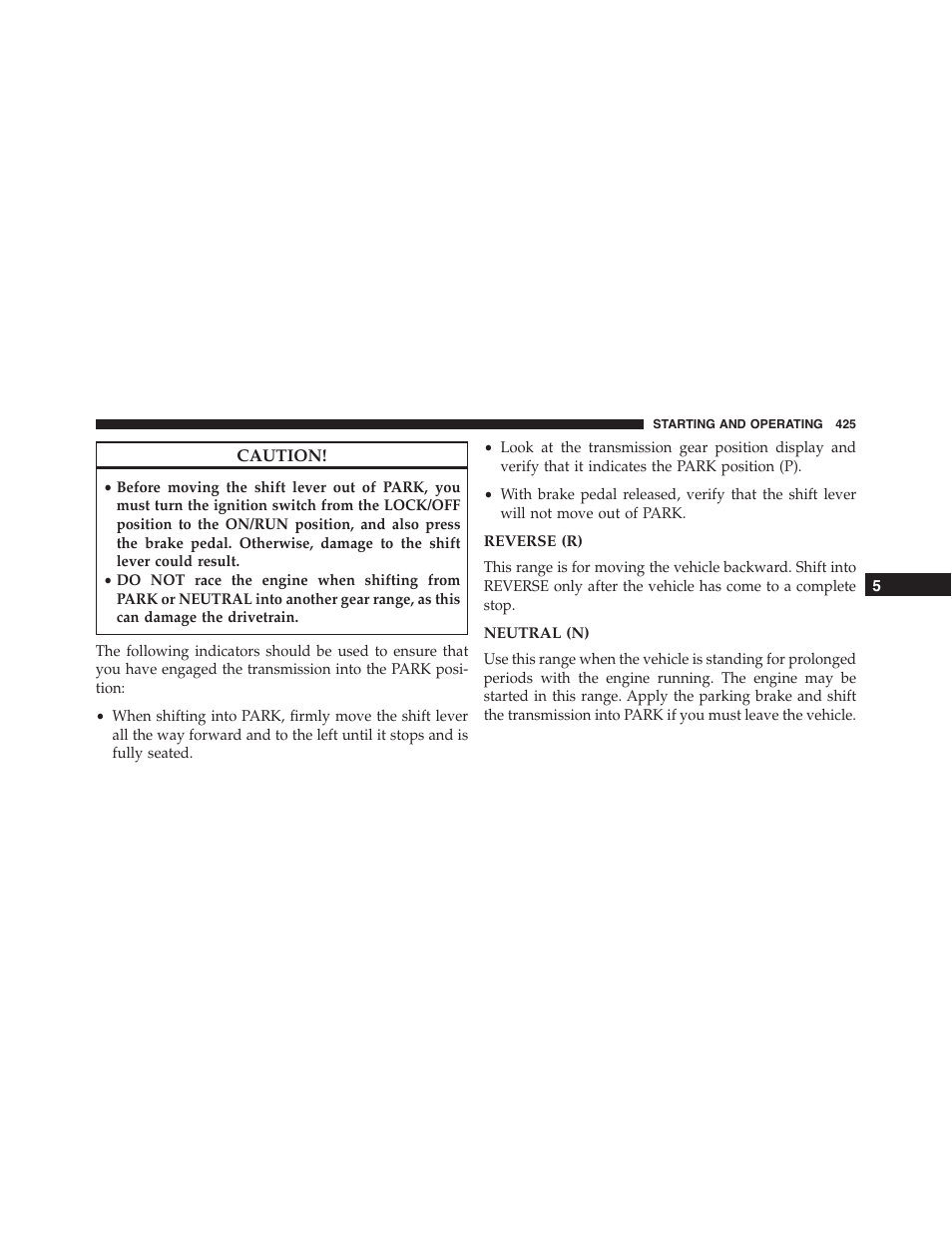 Reverse (r), Neutral (n) | Dodge 2015 Journey - Owner Manual User Manual | Page 427 / 657