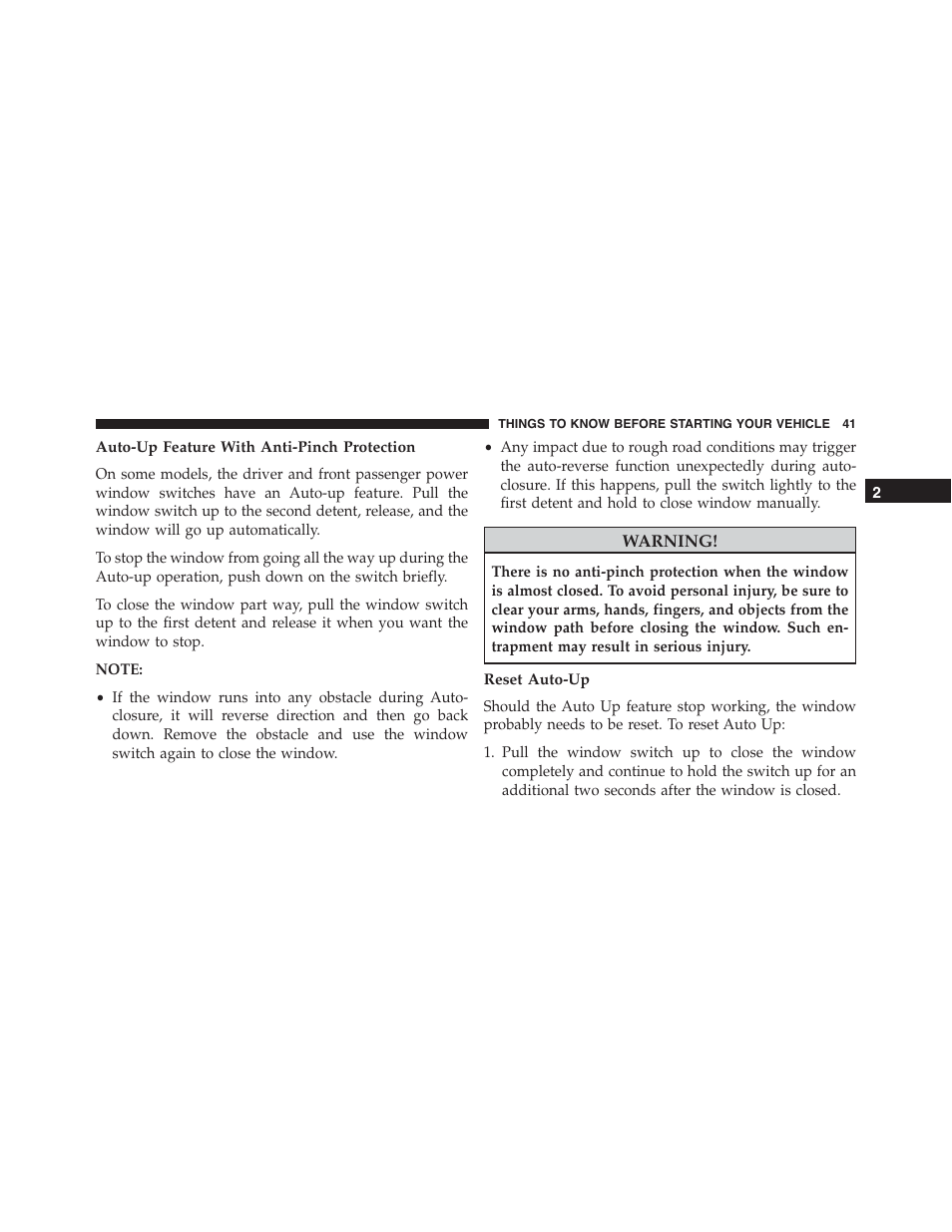 Auto-up feature with anti-pinch protection, Reset auto-up | Dodge 2015 Journey - Owner Manual User Manual | Page 43 / 657