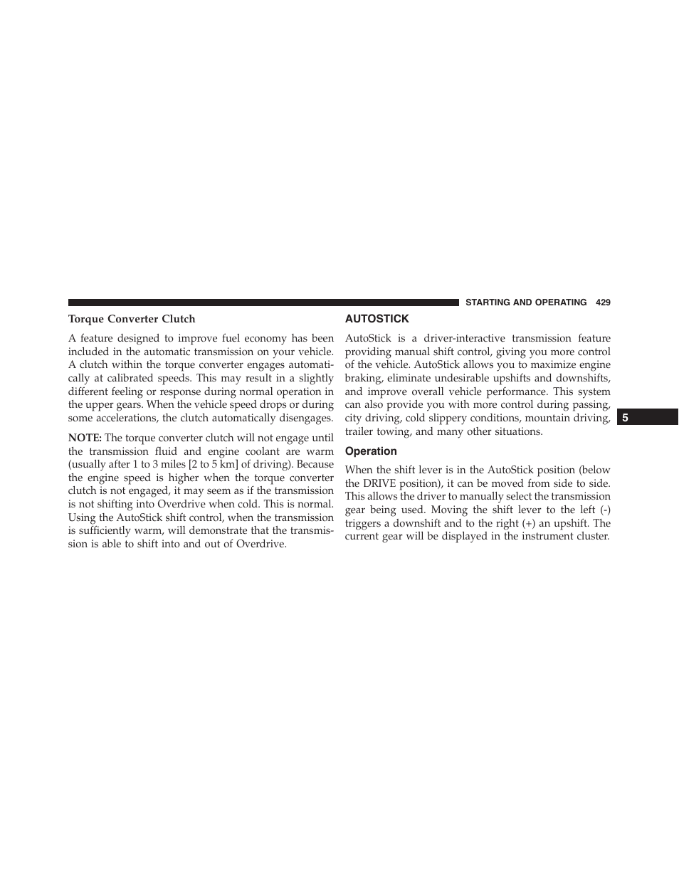 Torque converter clutch, Autostick, Operation | Dodge 2015 Journey - Owner Manual User Manual | Page 431 / 657