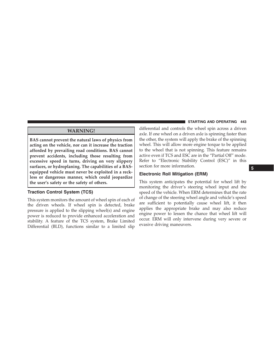 Traction control system (tcs), Electronic roll mitigation (erm) | Dodge 2015 Journey - Owner Manual User Manual | Page 445 / 657