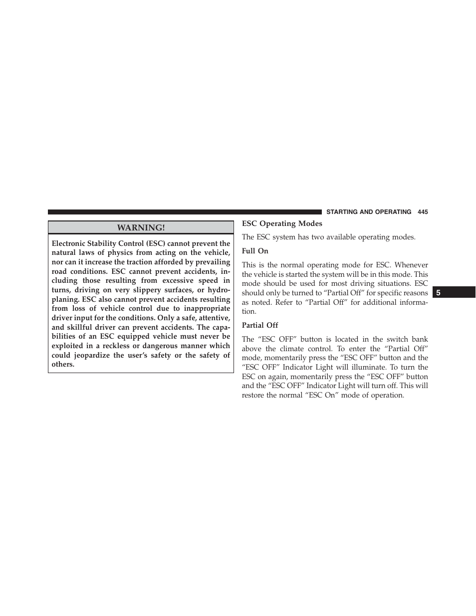 Esc operating modes | Dodge 2015 Journey - Owner Manual User Manual | Page 447 / 657