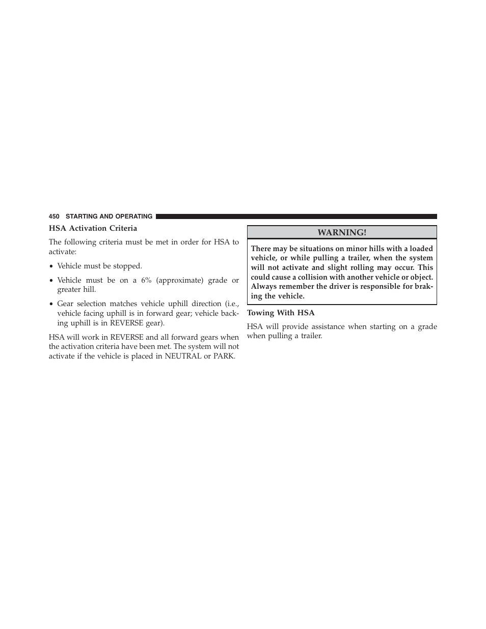 Hsa activation criteria, Towing with hsa | Dodge 2015 Journey - Owner Manual User Manual | Page 452 / 657