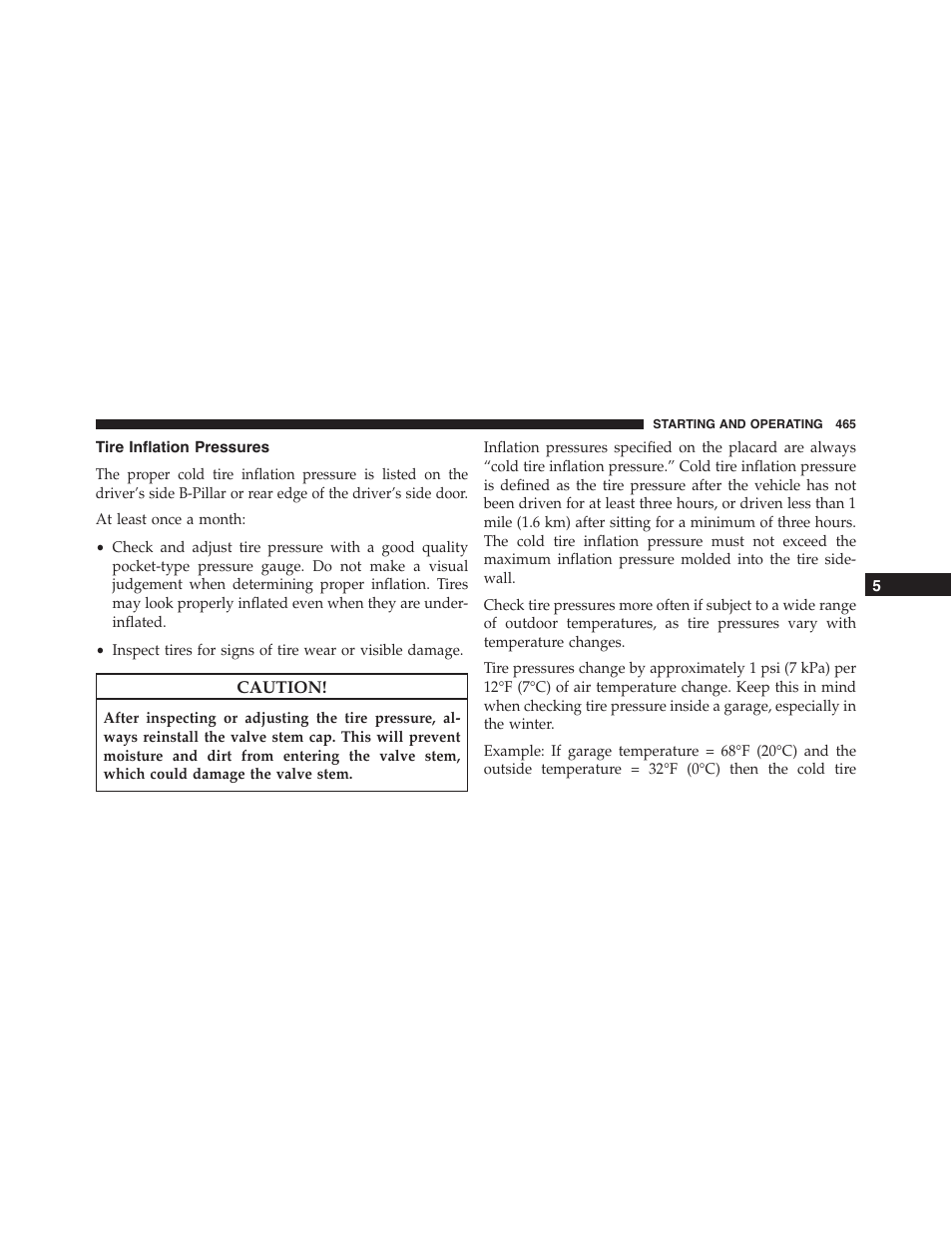 Tire inflation pressures | Dodge 2015 Journey - Owner Manual User Manual | Page 467 / 657