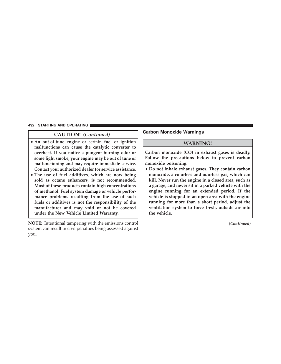 Carbon monoxide warnings | Dodge 2015 Journey - Owner Manual User Manual | Page 494 / 657