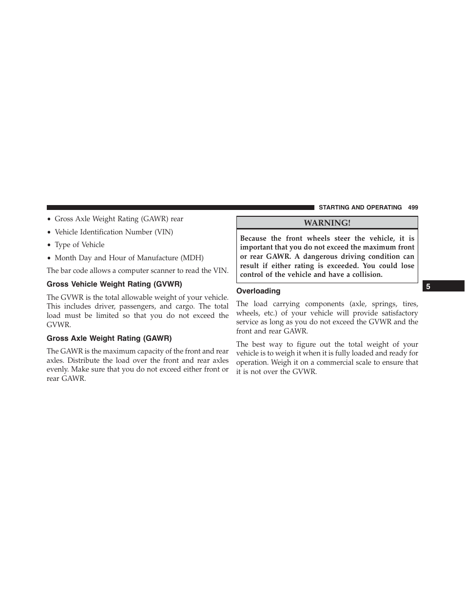 Gross vehicle weight rating (gvwr), Gross axle weight rating (gawr), Overloading | Dodge 2015 Journey - Owner Manual User Manual | Page 501 / 657