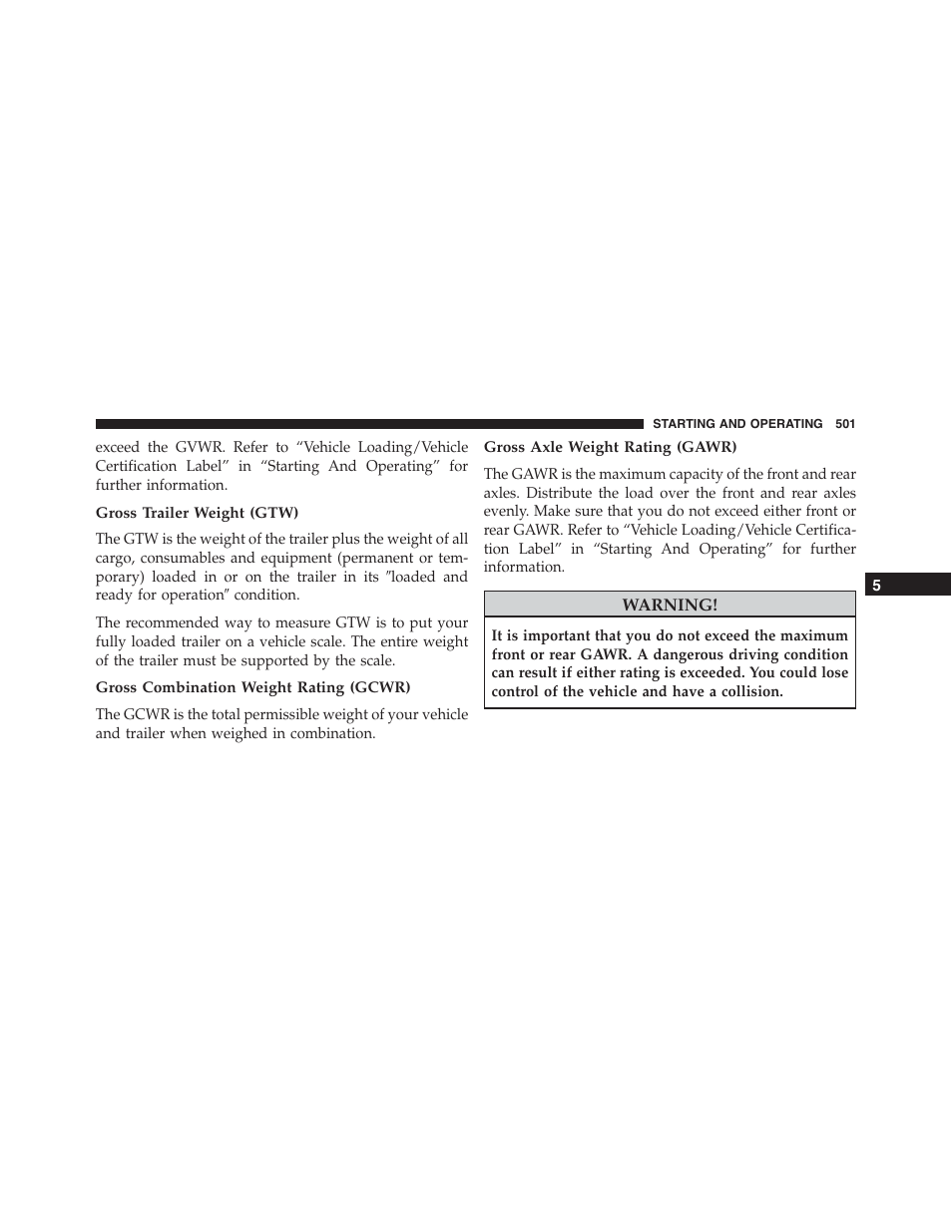 Gross trailer weight (gtw), Gross combination weight rating (gcwr), Gross axle weight rating (gawr) | Dodge 2015 Journey - Owner Manual User Manual | Page 503 / 657