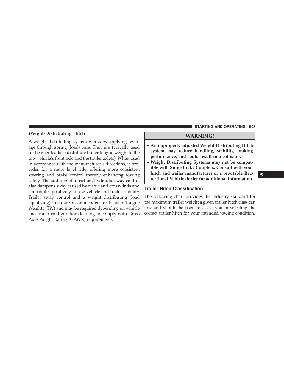 Weight-distributing hitch, Trailer hitch classification | Dodge 2015 Journey - Owner Manual User Manual | Page 505 / 657