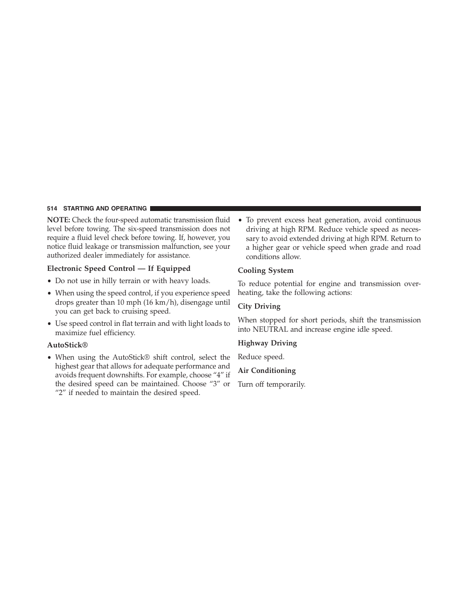 Electronic speed control — if equipped, Autostick, Cooling system | Dodge 2015 Journey - Owner Manual User Manual | Page 516 / 657