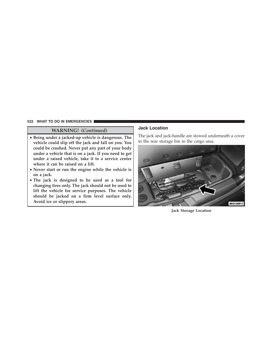 Jack location | Dodge 2015 Journey - Owner Manual User Manual | Page 524 / 657