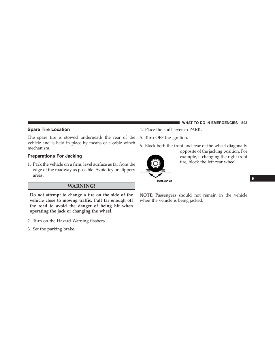 Spare tire location, Preparations for jacking | Dodge 2015 Journey - Owner Manual User Manual | Page 525 / 657