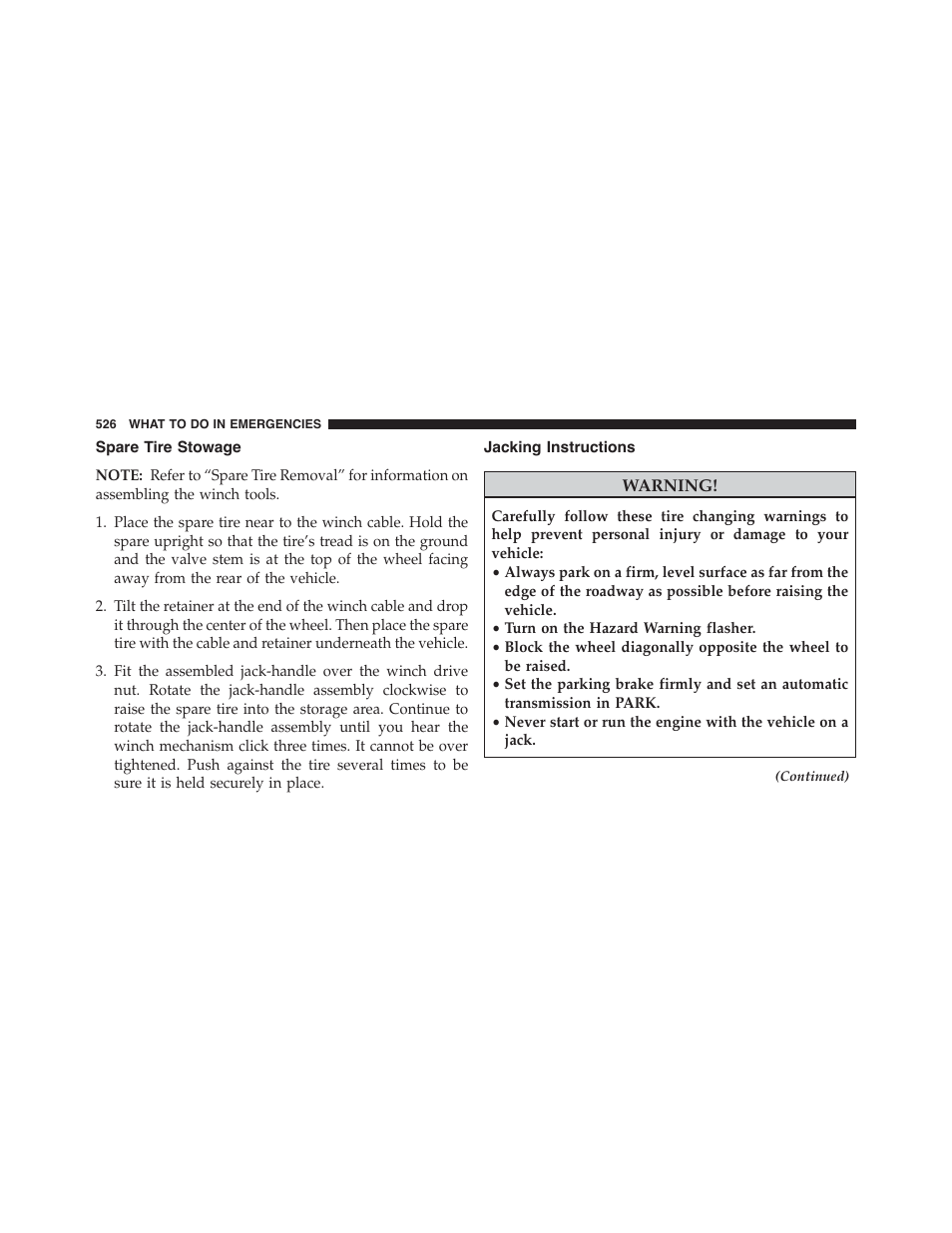 Spare tire stowage, Jacking instructions | Dodge 2015 Journey - Owner Manual User Manual | Page 528 / 657