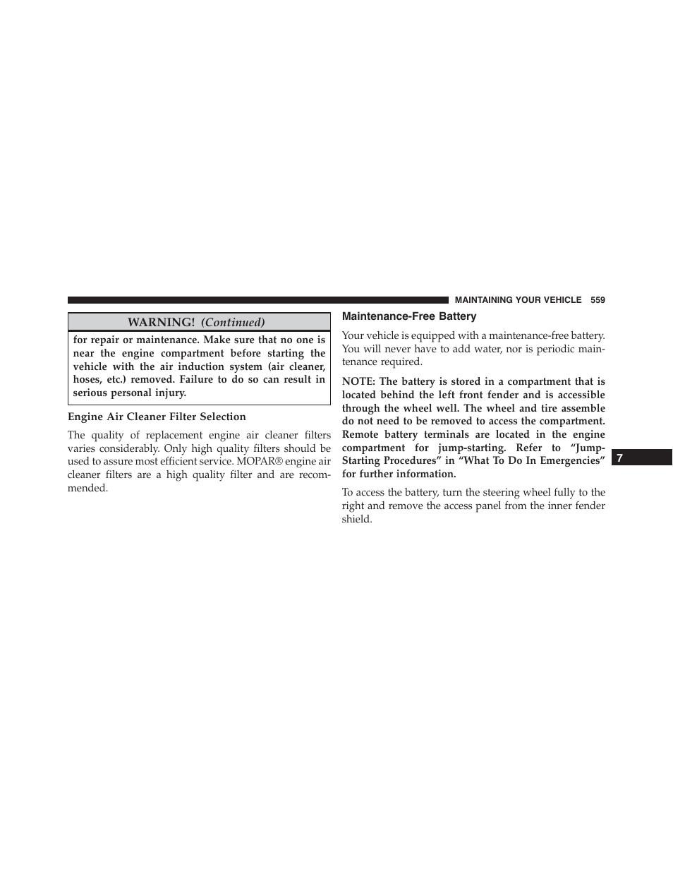 Engine air cleaner filter selection, Maintenance-free battery | Dodge 2015 Journey - Owner Manual User Manual | Page 561 / 657