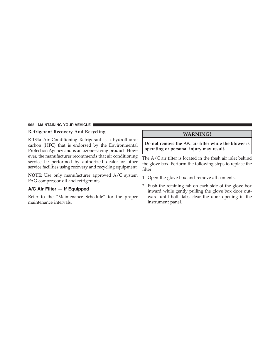 Refrigerant recovery and recycling, A/c air filter — if equipped | Dodge 2015 Journey - Owner Manual User Manual | Page 564 / 657