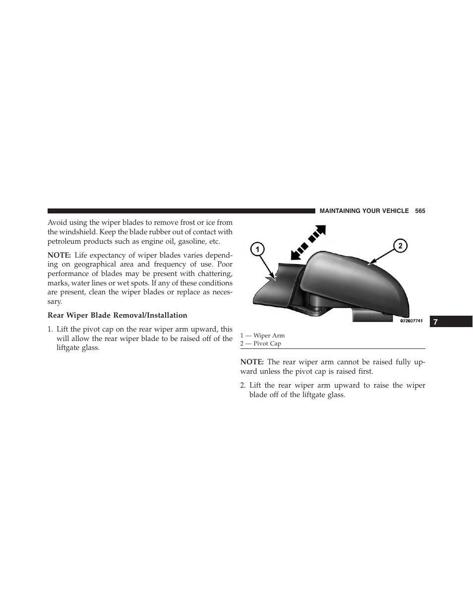 Rear wiper blade removal/installation | Dodge 2015 Journey - Owner Manual User Manual | Page 567 / 657