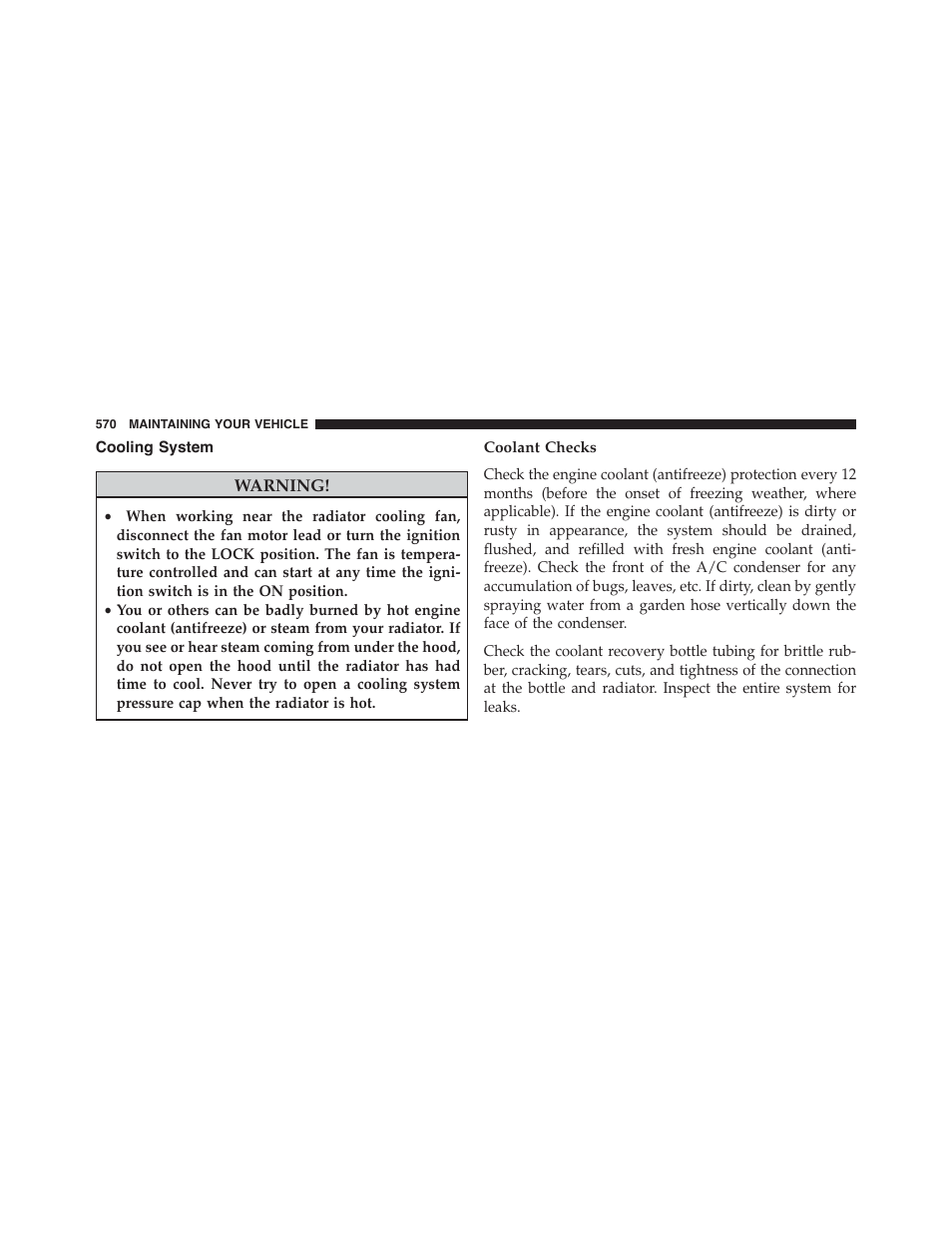 Cooling system, Coolant checks | Dodge 2015 Journey - Owner Manual User Manual | Page 572 / 657