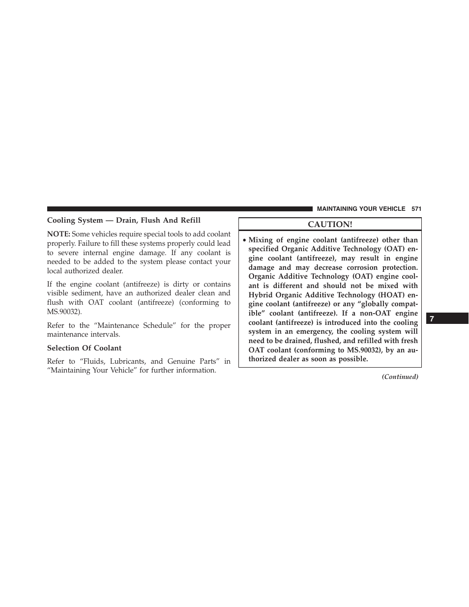 Cooling system — drain, flush and refill, Selection of coolant | Dodge 2015 Journey - Owner Manual User Manual | Page 573 / 657