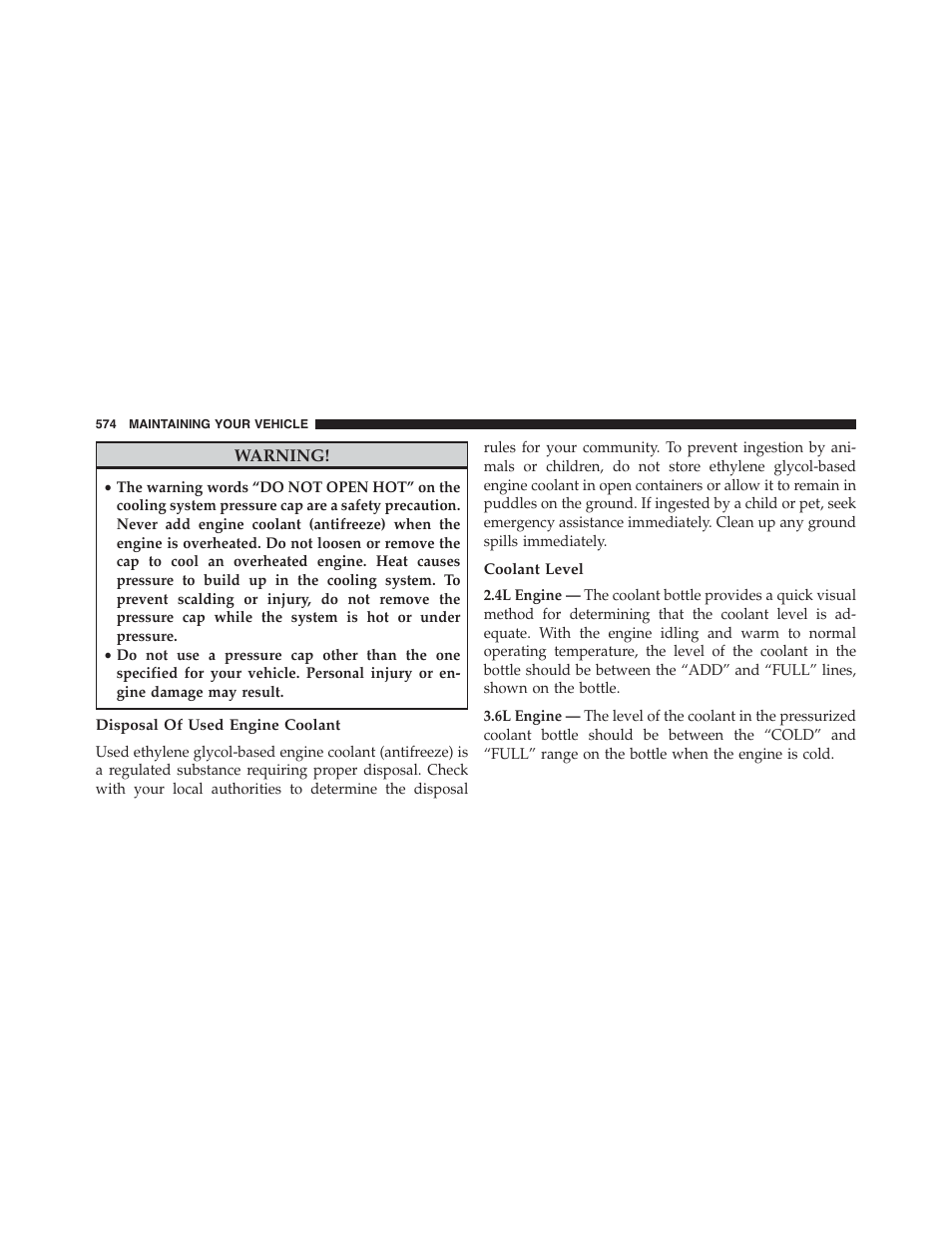 Disposal of used engine coolant, Coolant level | Dodge 2015 Journey - Owner Manual User Manual | Page 576 / 657