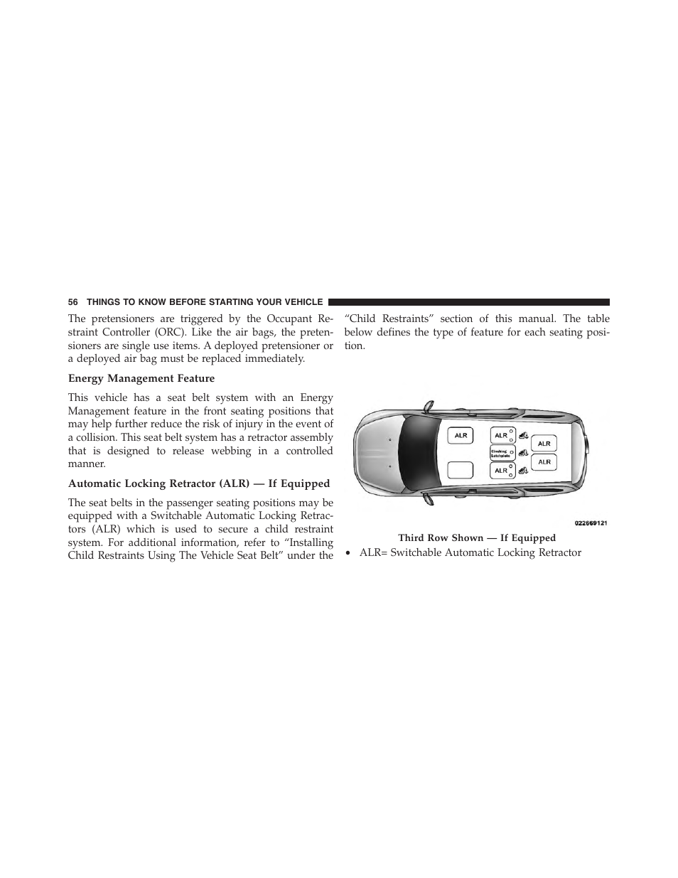 Energy management feature, Automatic locking retractor (alr) — if equipped | Dodge 2015 Journey - Owner Manual User Manual | Page 58 / 657