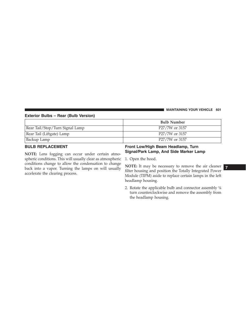 Bulb replacement, Front low/high beam headlamp, turn, Signal/park lamp, and side marker lamp | Dodge 2015 Journey - Owner Manual User Manual | Page 603 / 657