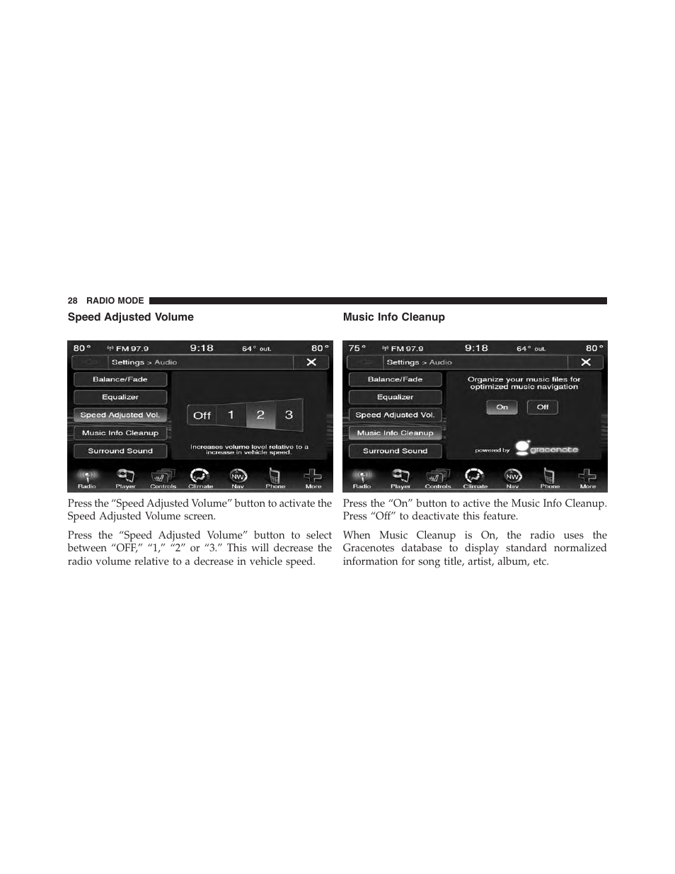 Speed adjusted volume, Music info cleanup | Dodge 2015 Journey - Uconnect 8.4/8.4N Manual User Manual | Page 29 / 119