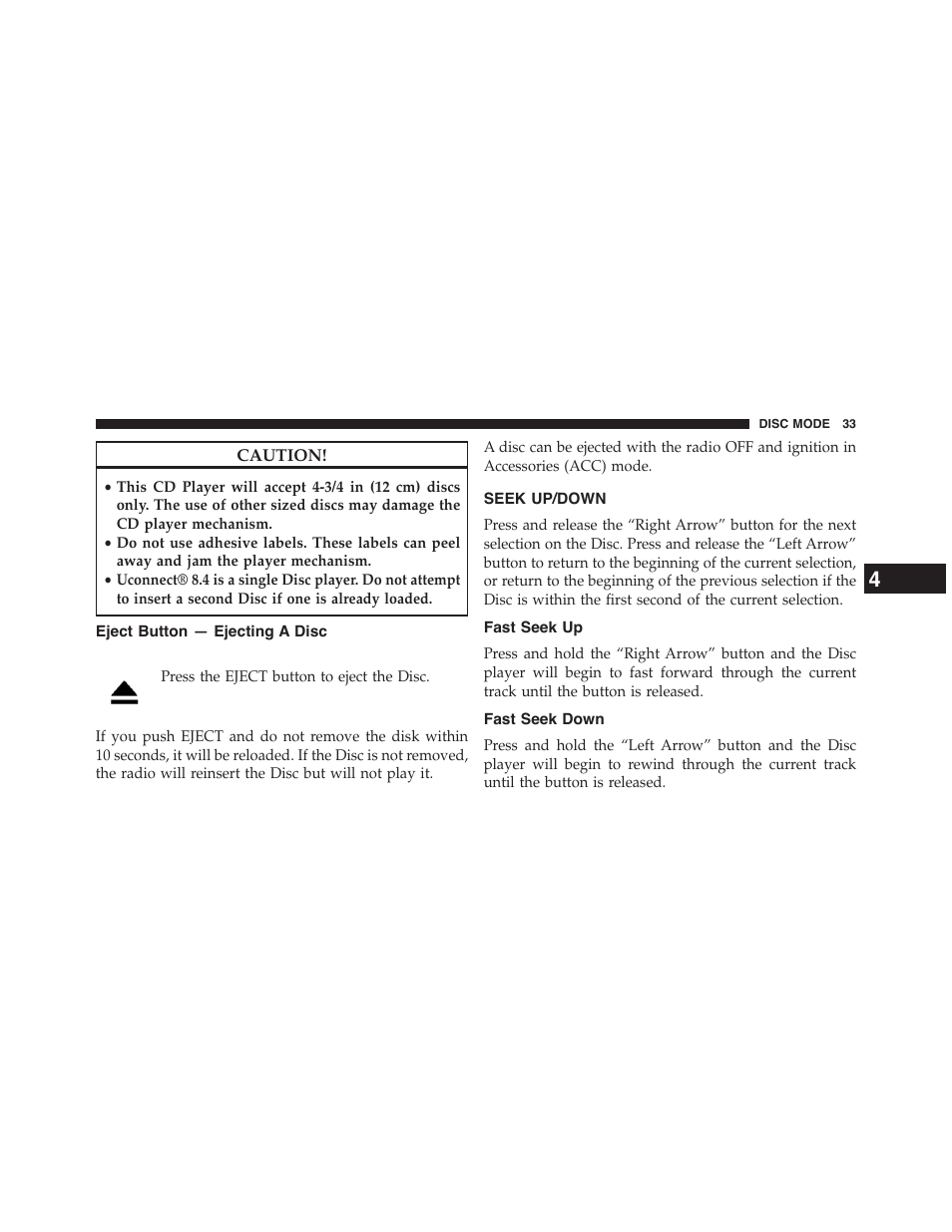 Eject button — ejecting a disc, Seek up/down, Fast seek up | Fast seek down | Dodge 2015 Journey - Uconnect 8.4/8.4N Manual User Manual | Page 34 / 119