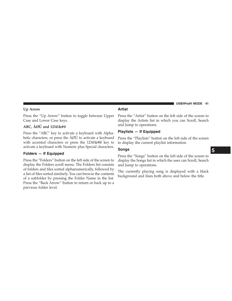 Folders — if equipped, Artist, Playlists — if equipped | Songs | Dodge 2015 Journey - Uconnect 8.4/8.4N Manual User Manual | Page 42 / 119