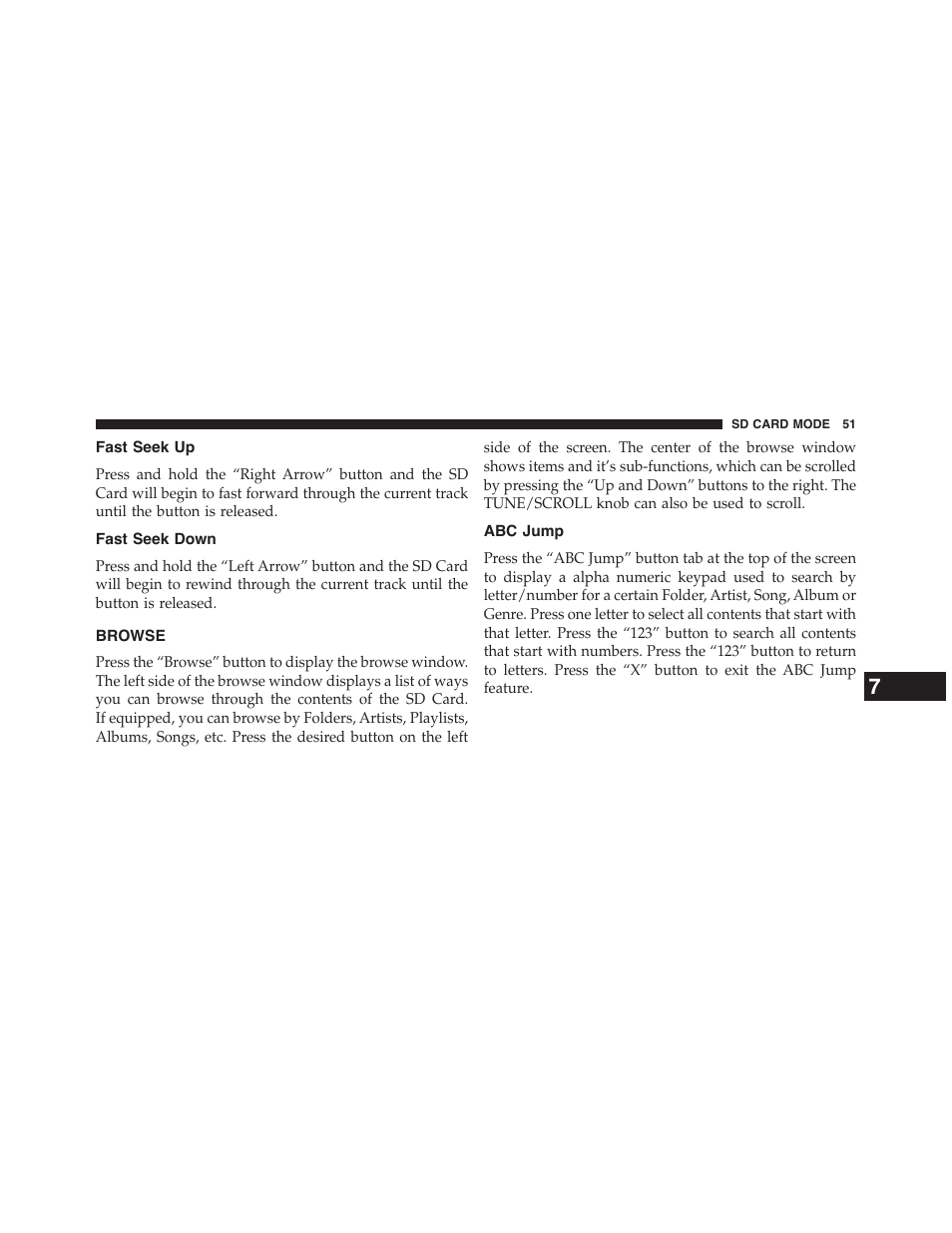 Fast seek up, Fast seek down, Browse | Abc jump | Dodge 2015 Journey - Uconnect 8.4/8.4N Manual User Manual | Page 52 / 119
