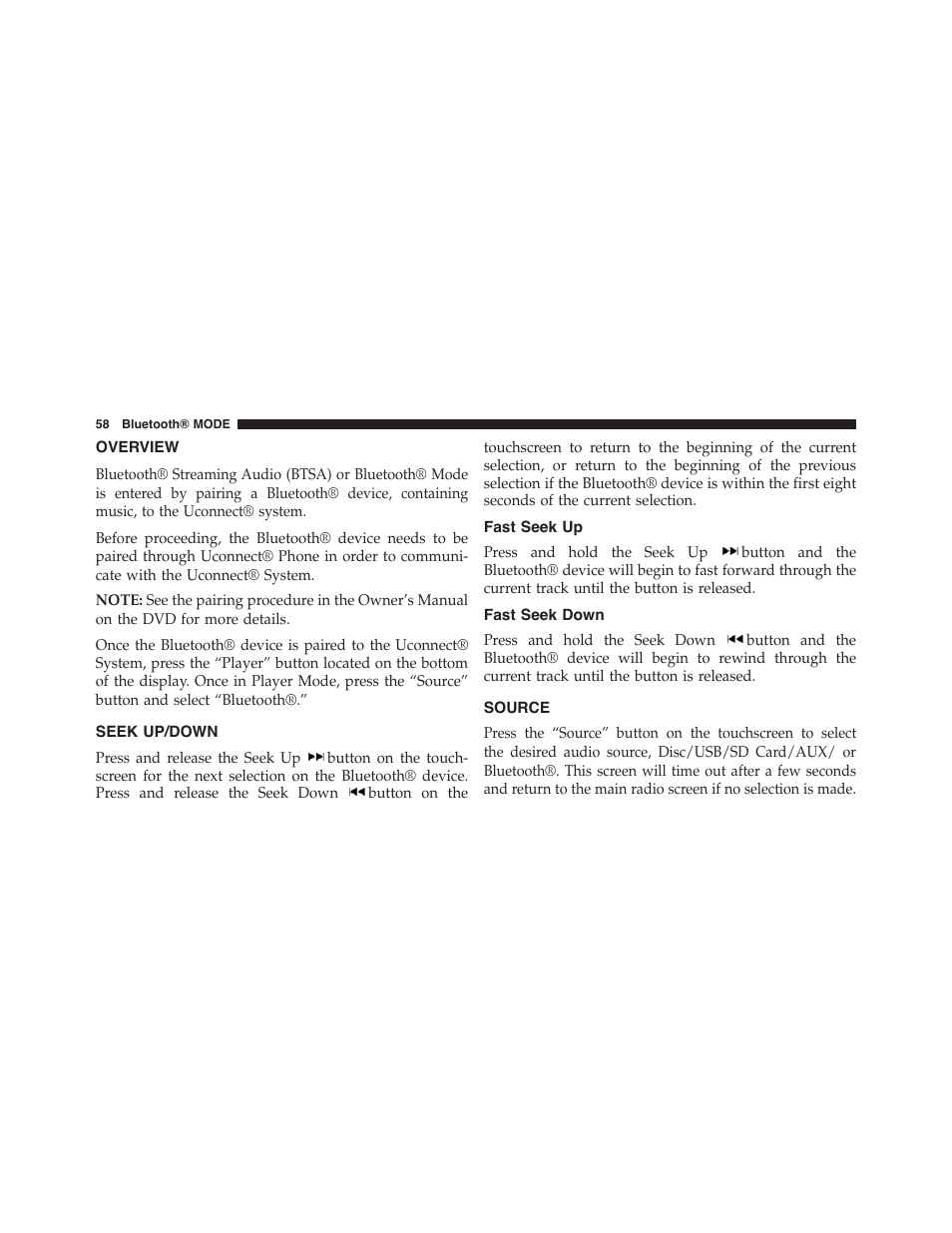 Overview, Seek up/down, Fast seek up | Fast seek down, Source | Dodge 2015 Journey - Uconnect 8.4/8.4N Manual User Manual | Page 59 / 119