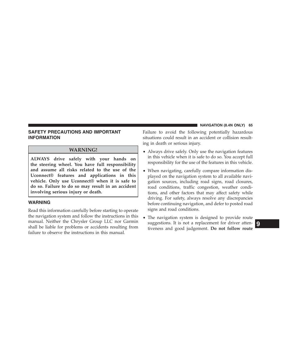 Safety precautions and important information, Warning, Safety precautions and important | Information | Dodge 2015 Journey - Uconnect 8.4/8.4N Manual User Manual | Page 66 / 119