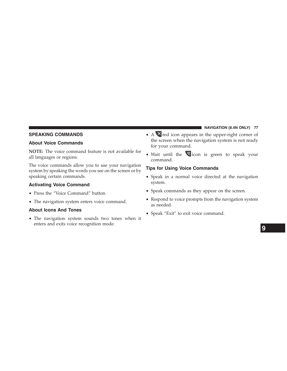 Speaking commands, About voice commands, Activating voice command | About icons and tones, Tips for using voice commands | Dodge 2015 Journey - Uconnect 8.4/8.4N Manual User Manual | Page 78 / 119